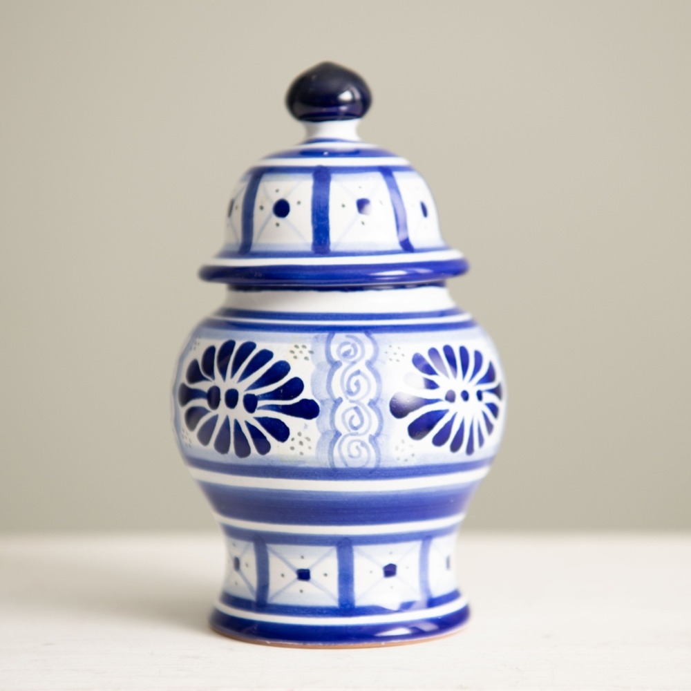 Talavera Puebla Mexico Hand Painted Blue White Ceramic 4" Jar Southwest Art Boho